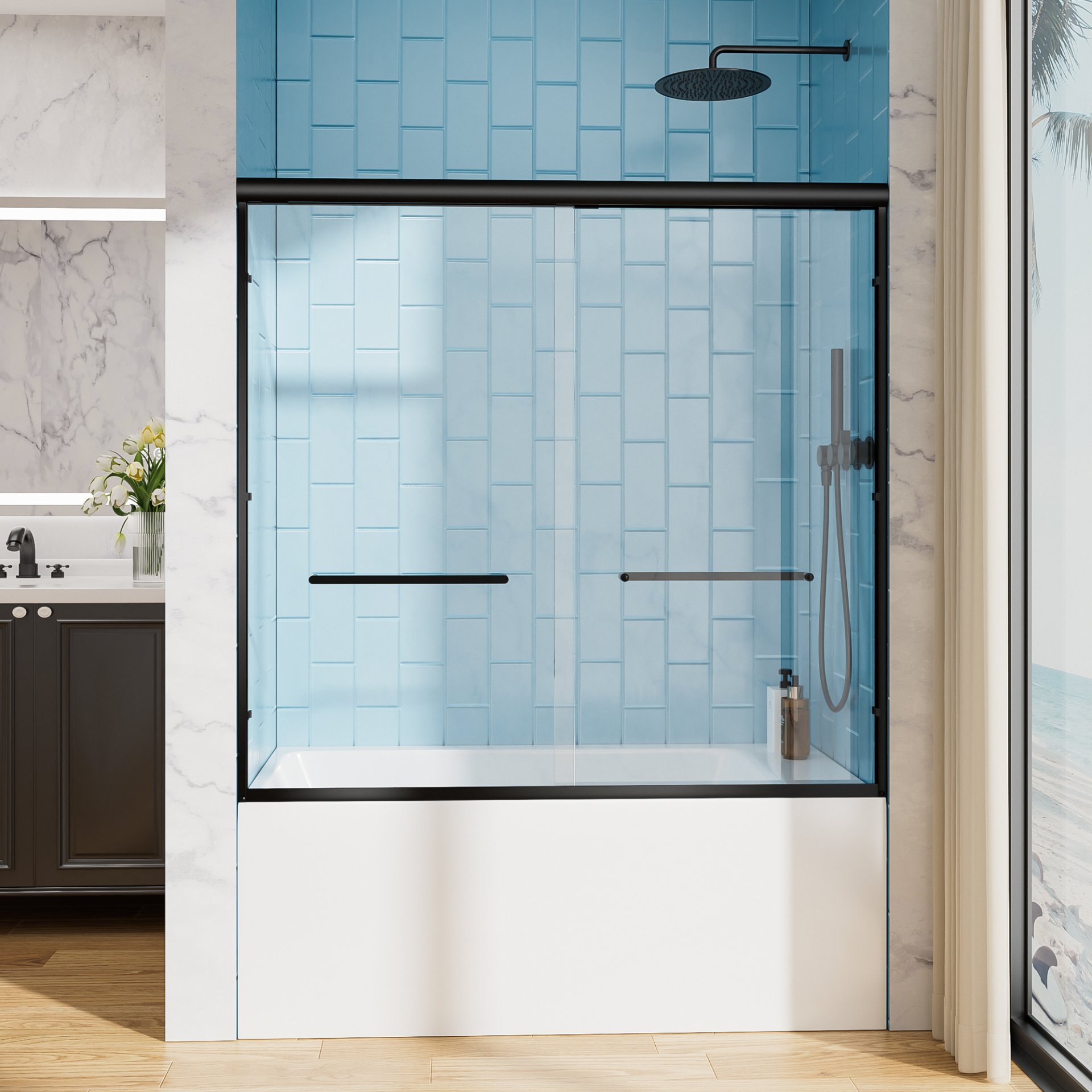 Aluminum Frame Double Sliding Soft Close Bathtub Shower Door, 1 / 4" Tempered Glass And Dual 304 Stainless Steel Handles - Matte Black - Image 4