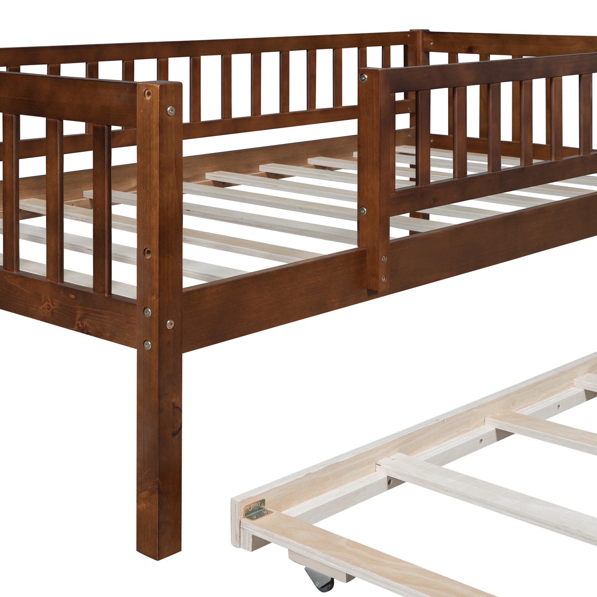 Twin Size Daybed With Trundle And Fence Guardrails - Walnut - Image 9