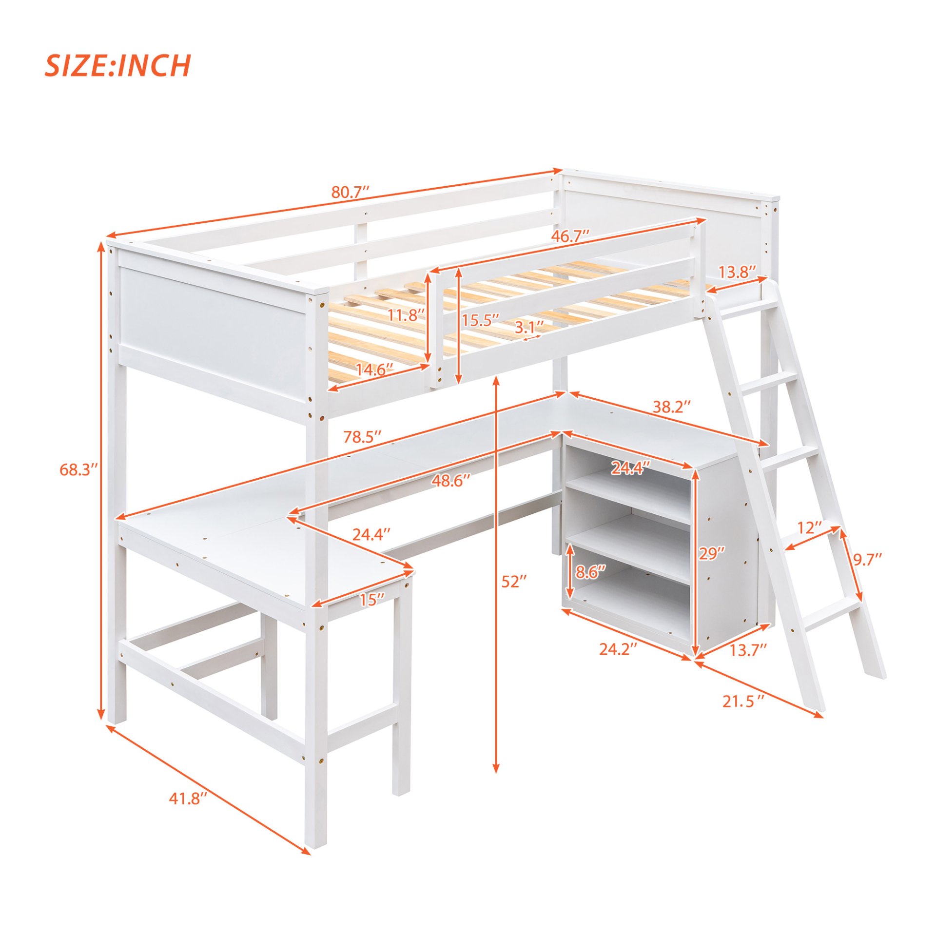 Twin Size Loft Bed With Shelves With Desk - White - Image 19