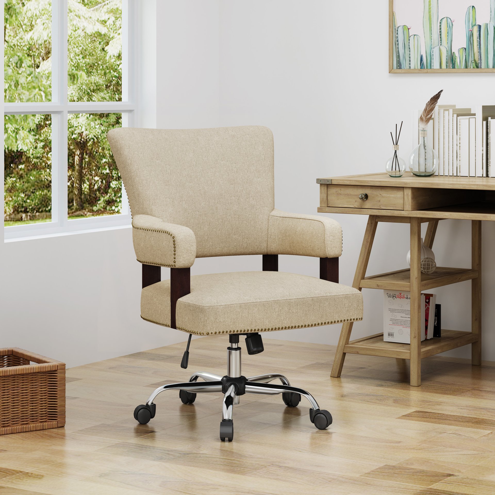 Zealous - Upholstered Office Chair With Curved Arms And Nailhead Accents - Wheat - Image 8