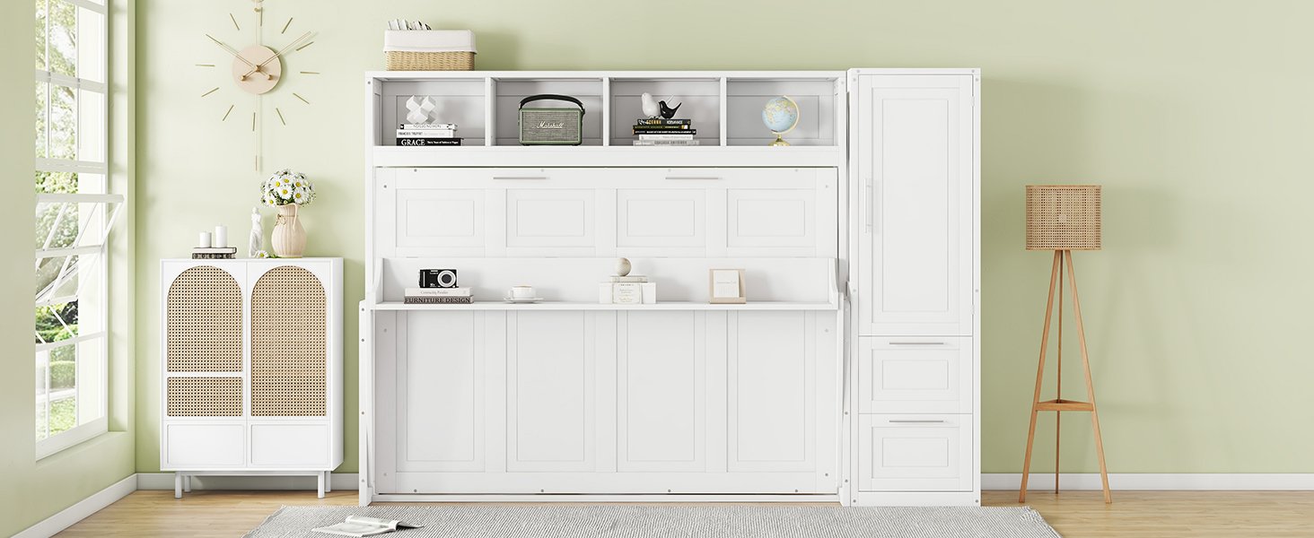 Full Size Murphy Wall Bed With Closet And Drawers - White - Image 22