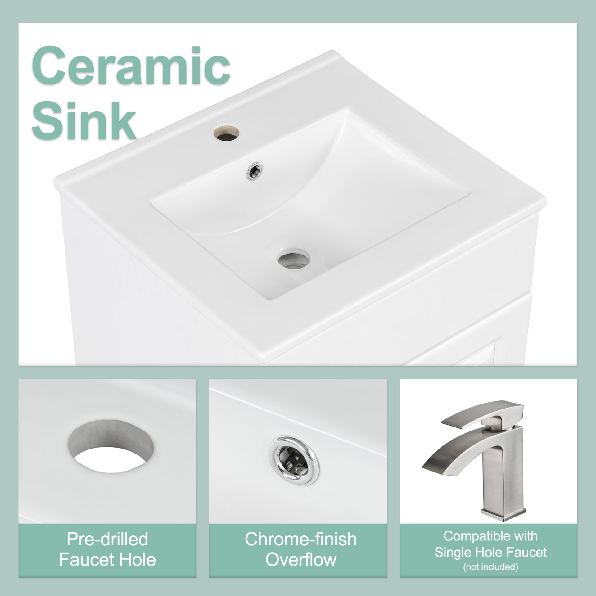 20" Bathroom Vanity With Sink, Freestanding Cabinet With Door Shelf And Adjustable Shelf, And Ceramic Construction - White - Image 8