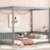 Full Size Canopy Frame Floor Bed With Fence, Guardrails - Gray - Image 10