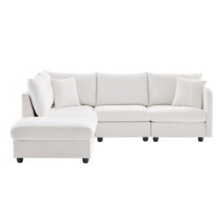 Modern Sectional Sofa With Vertical Stripes, 2 Pillows, 5 Seat Couch With Convertible Ottoman, Various Combinations, L-Shape Indoor Furniture - White