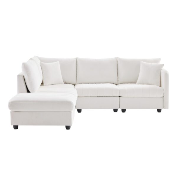 Modern Sectional Sofa With Vertical Stripes, 2 Pillows, 5 Seat Couch With Convertible Ottoman, Various Combinations, L-Shape Indoor Furniture - White