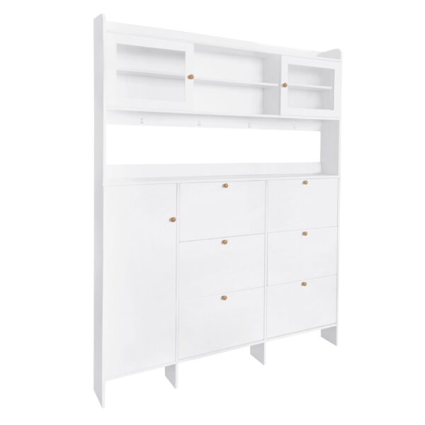 Multifunctional Tipping Bucket Shoe Cabinet With Storage Shelf & 6 Flip Drawers, Large Hall Tree With Tempered Glass Doors, Foyer Cabinet With 4 Hooks For Hallway - White