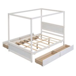 Full Size Canopy Platform Bed With 4 Drawers And Support Slats, No Box Spring Needed - Brushed White