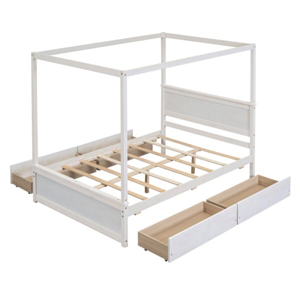 Full Size Canopy Platform Bed With 4 Drawers And Support Slats, No Box Spring Needed - Brushed White