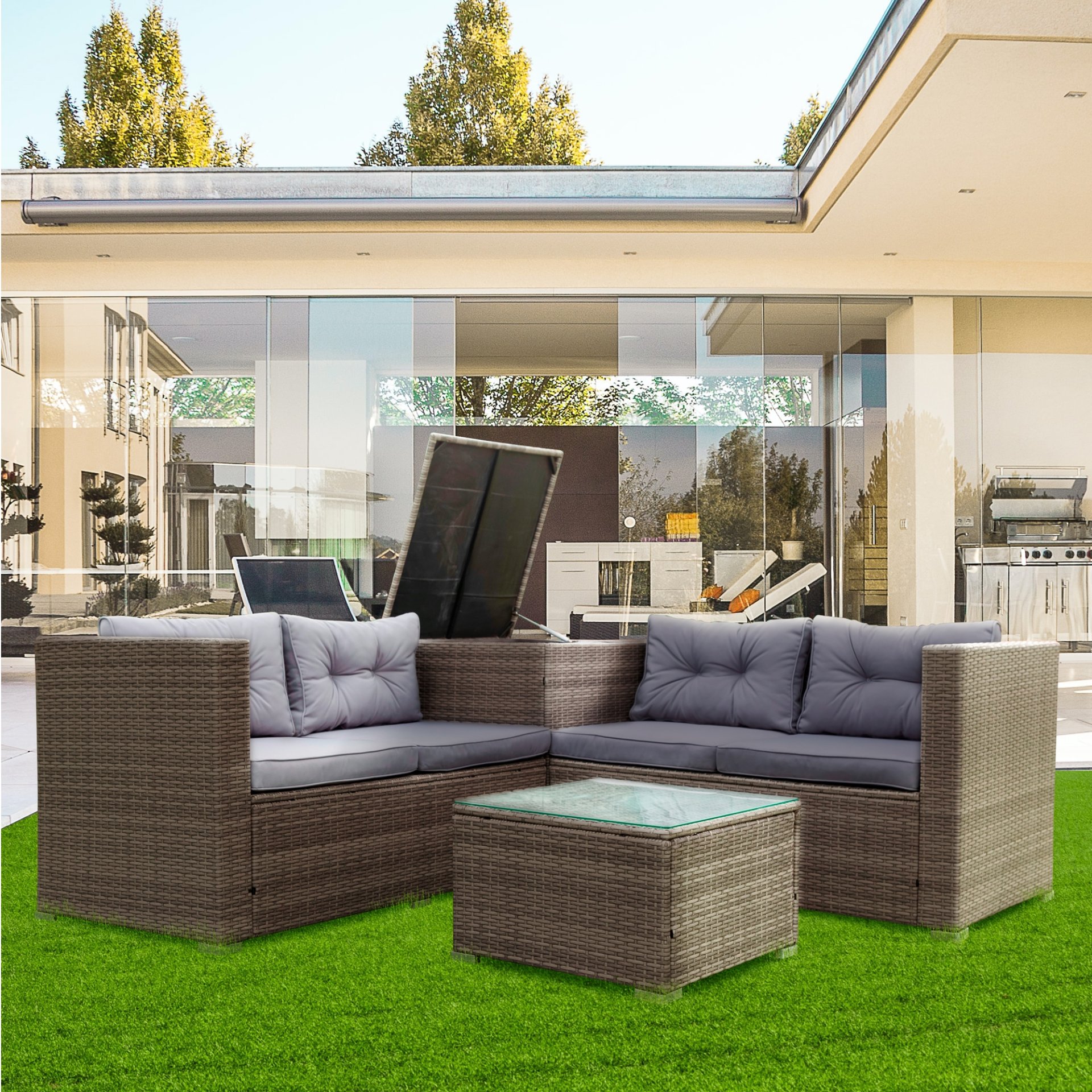 4 Piece Patio Sectional Wicker Rattan Outdoor Furniture Sofa Set With Storage Box - Gray - Image 2