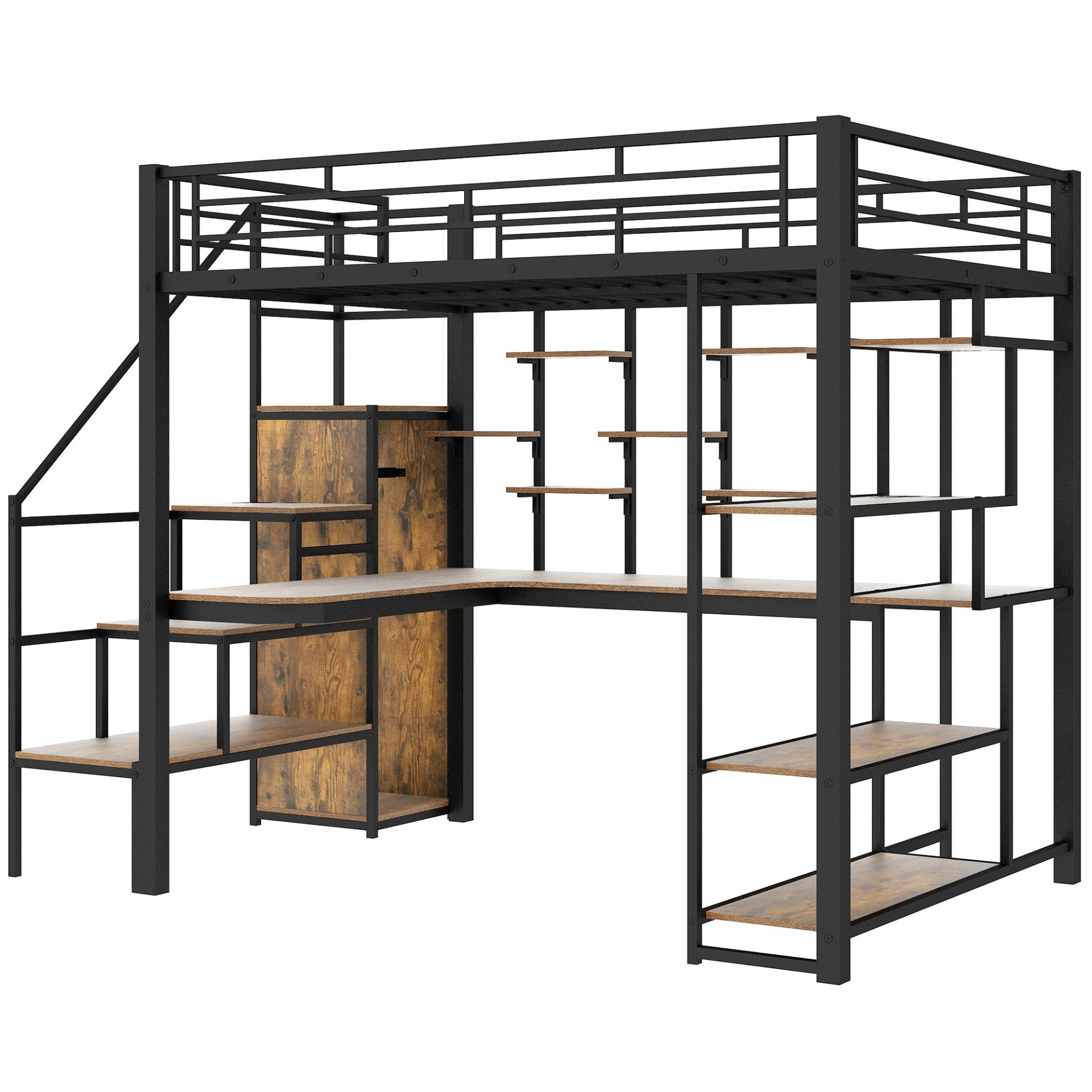 Full Size Metal Loft Bed With Storage Staircase And Small Wardrobe, Built - In Desk And Storage Shelves - Black - Image 8
