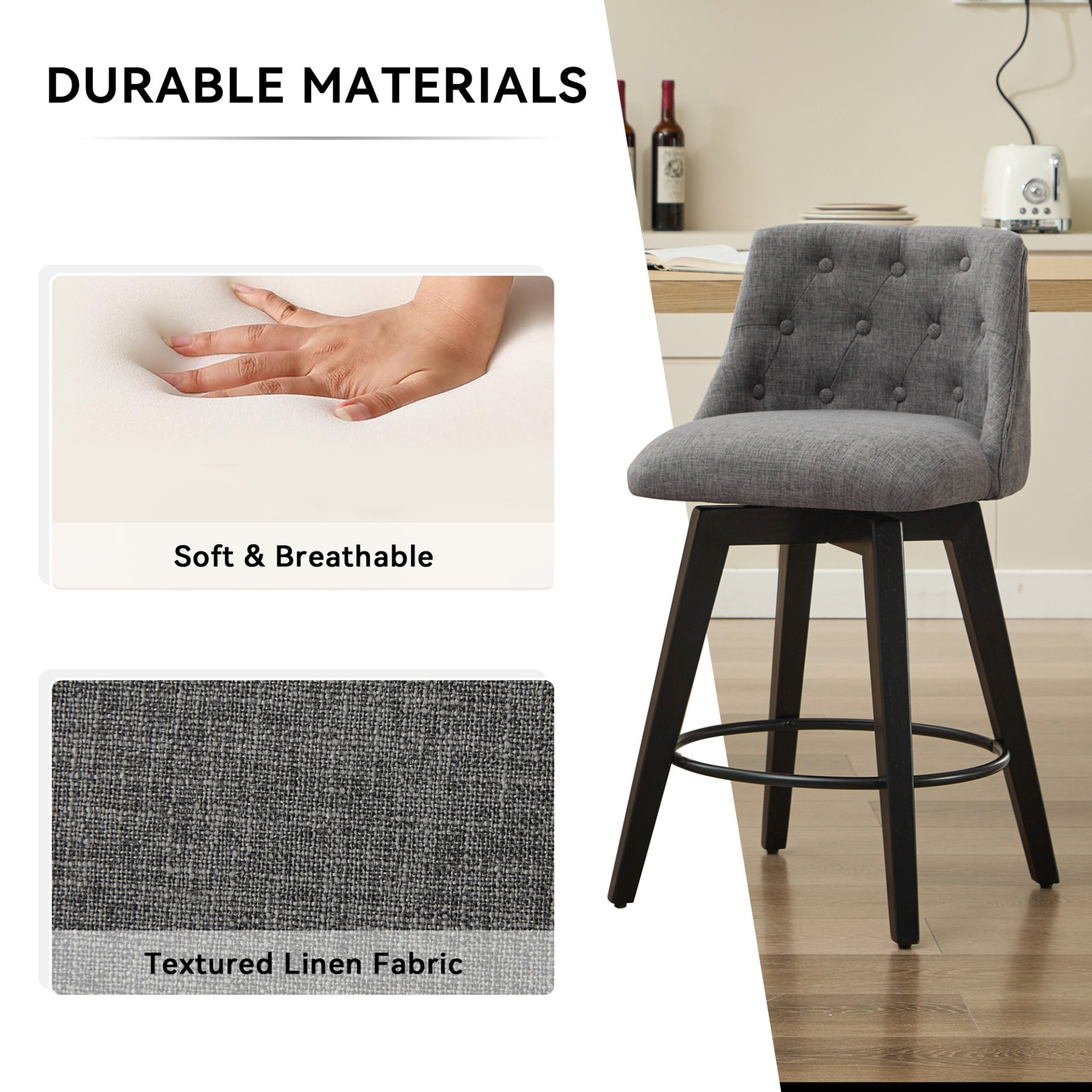 Swivel Bar Stools (Set of 2) Modern Counter Height Stools With Linen Upholstery & Button Tufted Back For Kitchen Island, Breakfast Bar Or Home Pub - Dark Gray - Image 6