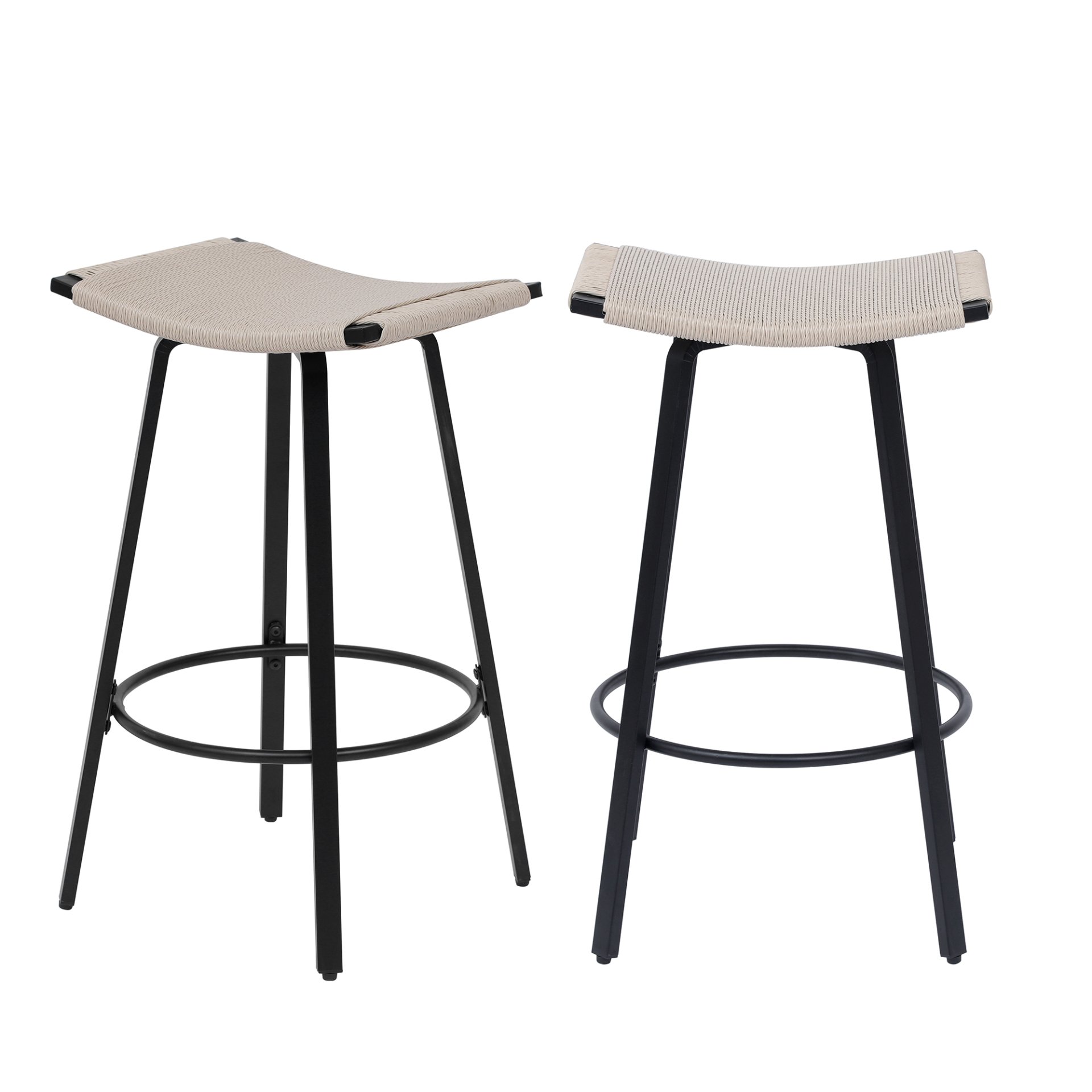 Counter Height Bar Stools Backless Handwoven Kitchen Dining Chairs With Round Footrest (Set of 2) Weaving Pub Stoo - Creamy White - Image 14