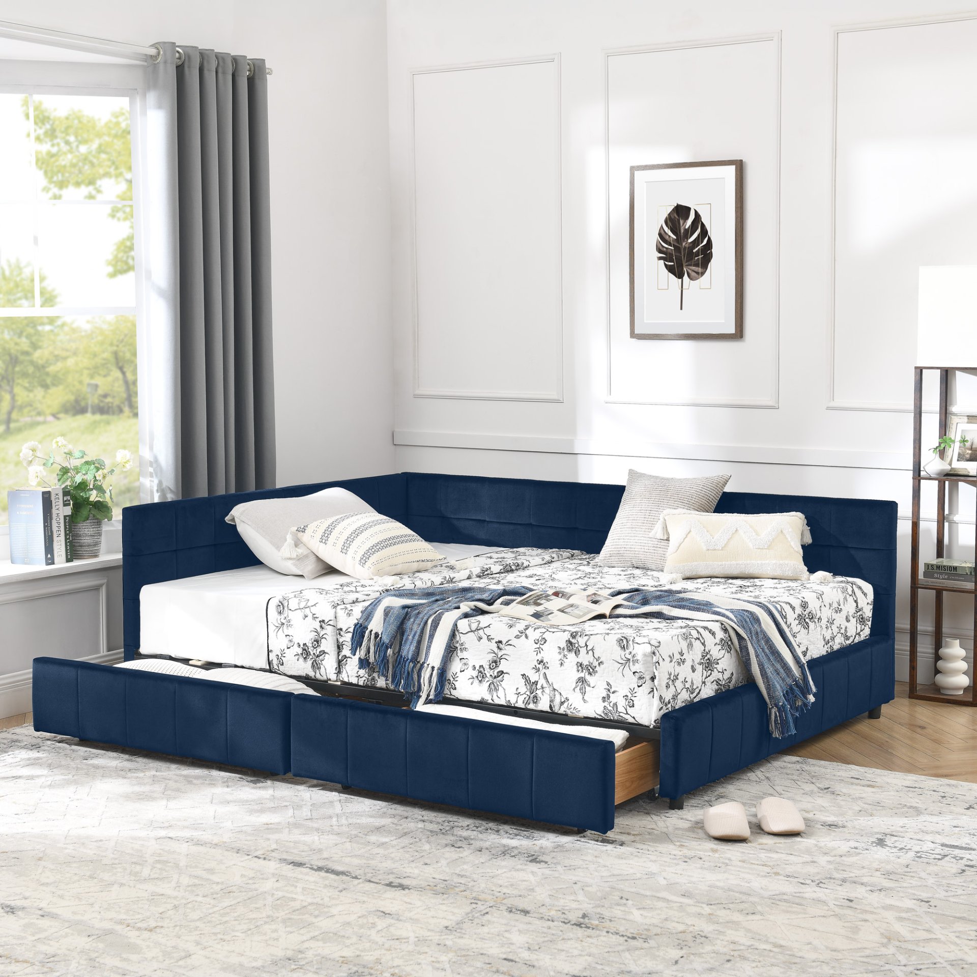 Mid Century Upholstered Tufted Full Size Storage Bed Frame With Velvet - Dark Blue - Image 4