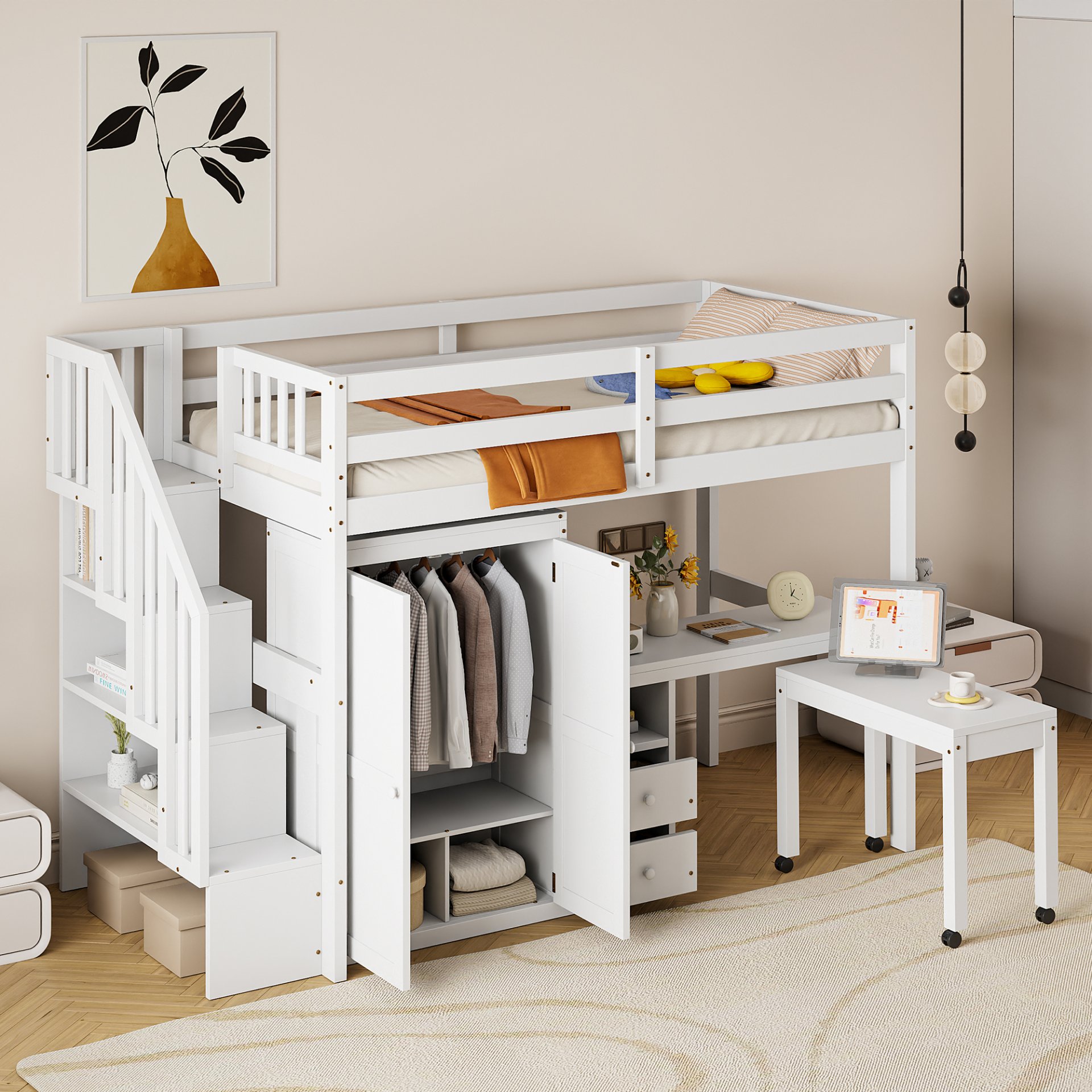 Twin Size Loft Bed With Stairs, Bookshelf, Drawers, Desk & Wardrobe, Space Saving Multifunctional Furniture - White - Image 2