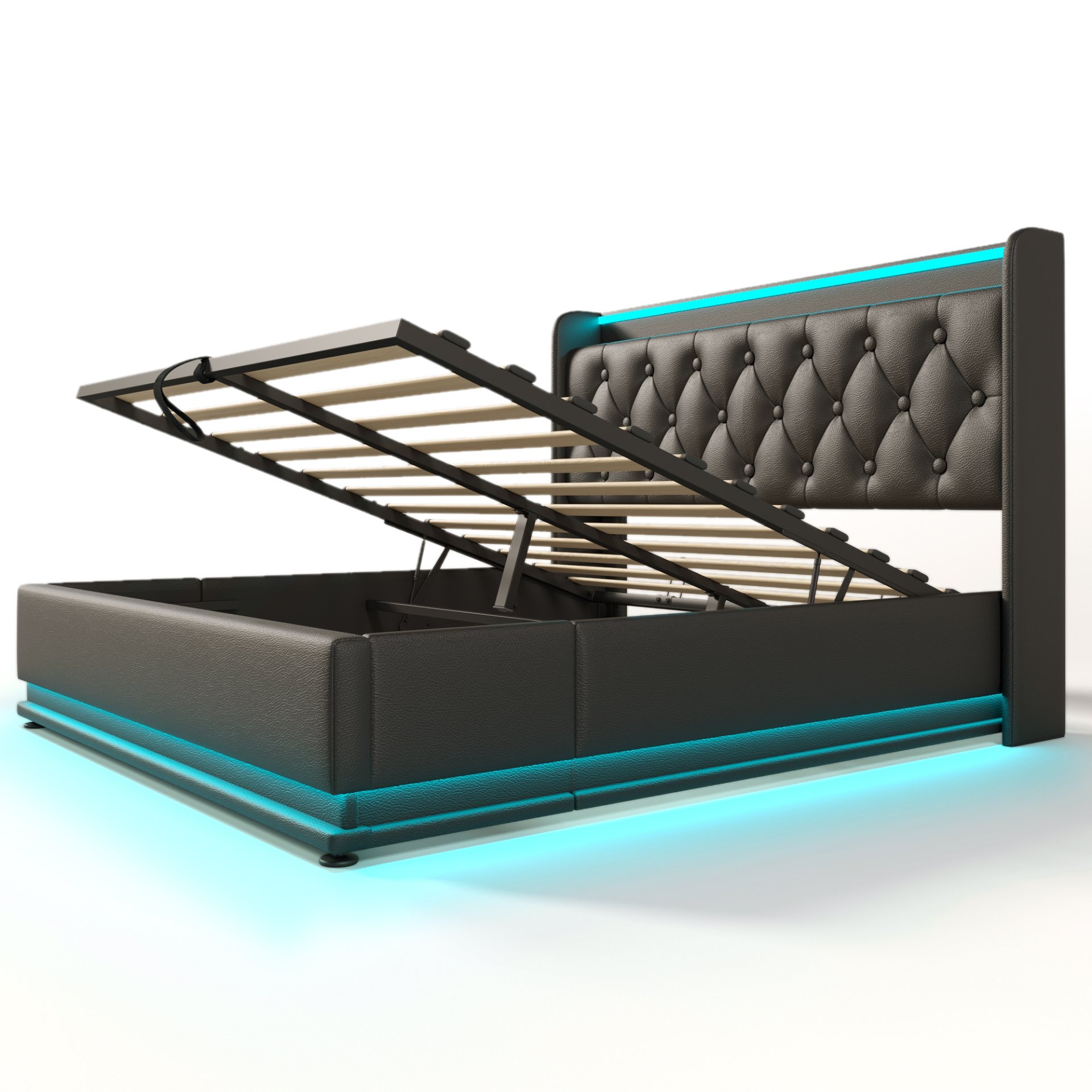 Full Size Upholstered Bed, 360 Surround LED Function, Buttons / Apps / Remote Control, Hydraulic Storage Bed With USB Type-C Charging (Without Mattress) - Black - Image 12