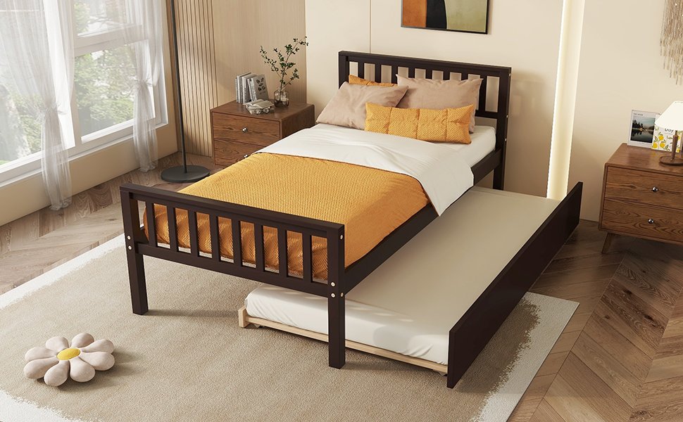 Twin Bed With Trundle, Platform Bed Frame With Headboard And Footboard, For Bedroom Small Living Space, No Box Spring Needed - Espresso - Image 4