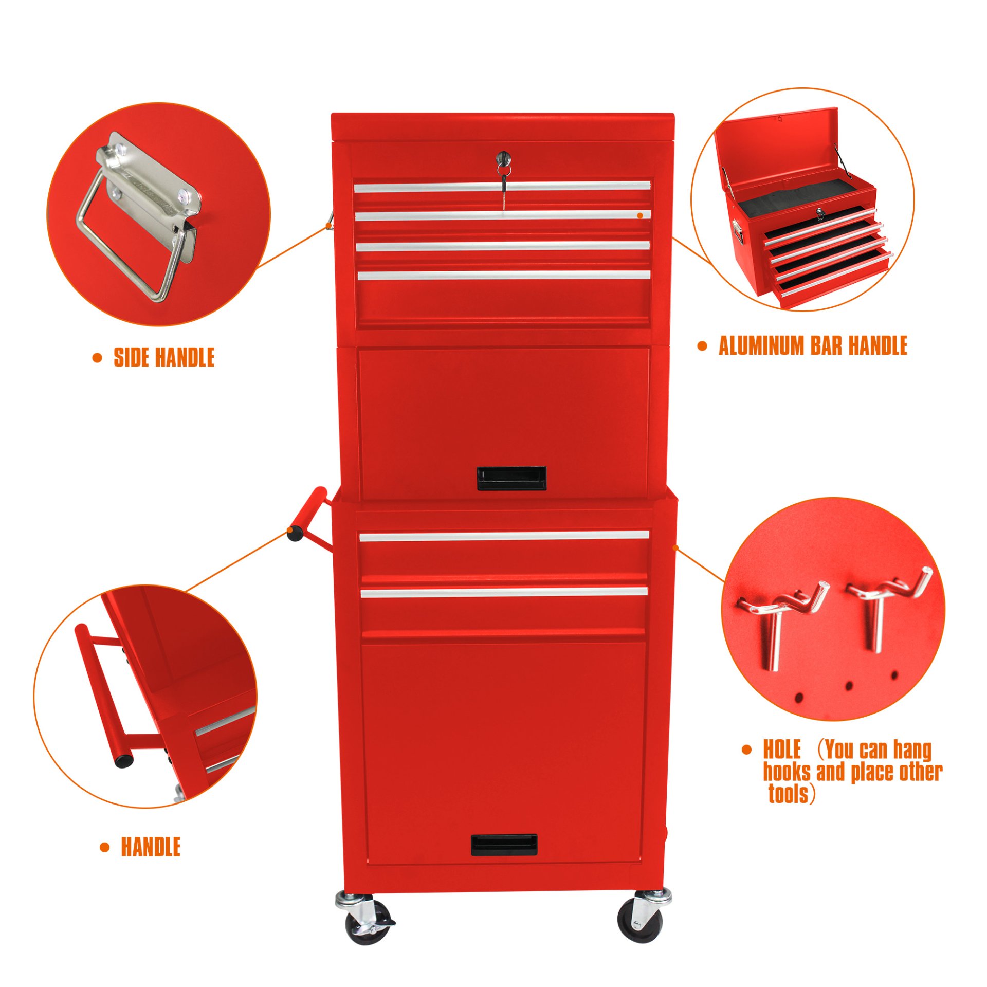 6 Drawer Lockable Tool Cabinet On Wheels Steel Rolling Tool Chest With Detachable Toolbox, 2 In 1 Garage Workshop Storage Organizer With 4 Universal Casters - Red - Image 5
