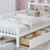 Twin Size Bed With Headboard Storage Rack, 2 Under Bed Drawers, 3 - Side Guardrails For Safety And Security - White - Image 24