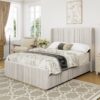 King Size Luxurious Corduroy Upholstered Bed Frame With Vertical Stripe Wingback Headboard And High Footboard - Light Gray - Image 2