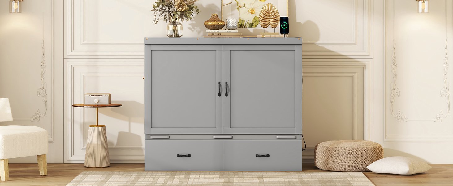 Full Size Murphy Bed With USB Port And A Large Drawer - Gray - Image 21