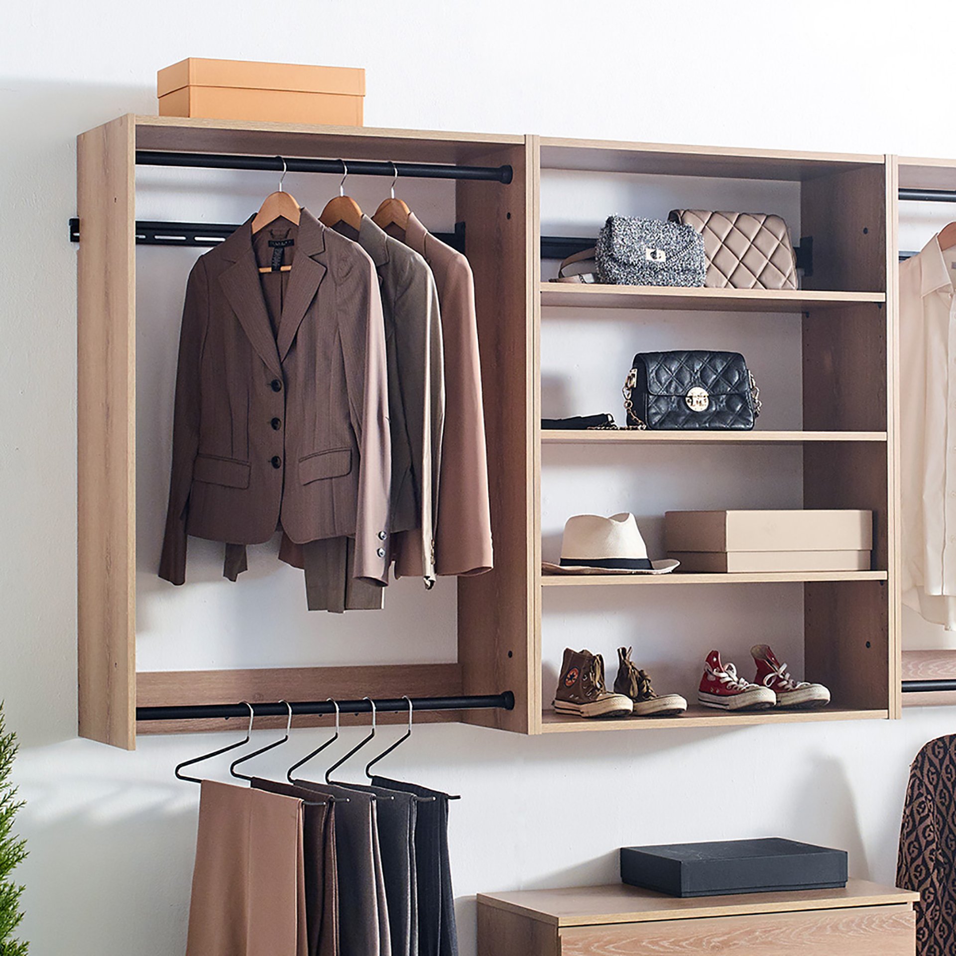 Devi - Wall Mounted Wood Closet System, Modular Units And Warm - Oak - Image 12