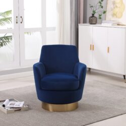 Velvet Swivel Barrel Chair, Swivel Accent Chairs Armchair For Living Room, Reading Chairs For Bedroom Comfy, Round Barrel Chairs With Gold Stainless Steel Base - Navy
