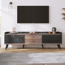 Mid Century TV Stand With 2 Cabinets & Open Compartments, Entertainment Center For Tvs Up To 70'', Television Console For Living Room - Dark Coffee / Black