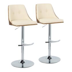 Gianna - Mid-Century Modern Adjustable Barstool With Swivel With Rounded T Footrest (Set of 2) - Chrome / Walnut / Cream