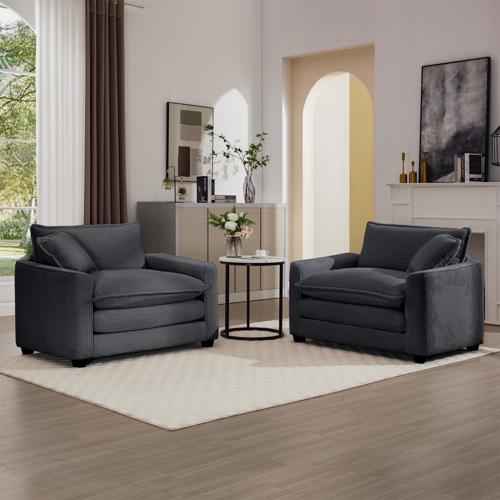 Luxurious Corduroy Deep Seated Sofa Set With 2 Single Chairs For Bedroom And Office - Gray - Image 9