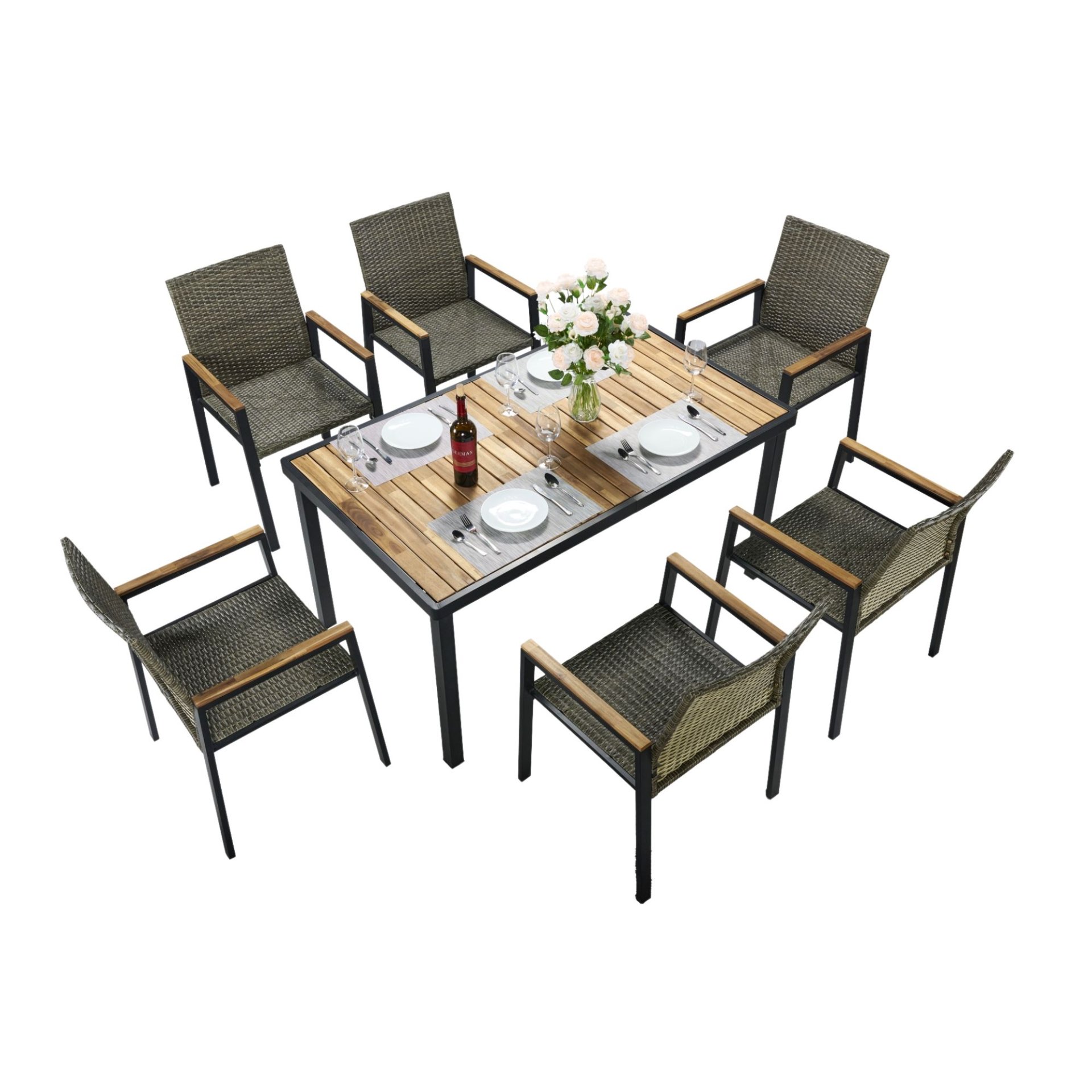 All Weather 7 Piece Patio Dining Table Set With Umbrella Hole - Brown / Gray - Image 22