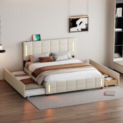 Queen Size Upholstered Platform Bed With Trundle And Drawers - Beige