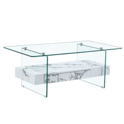 Modern 2 Tier Coffee Table With Clear Tempered Glass And Marble Texture Multifunctional Storage Design - Transparent / White