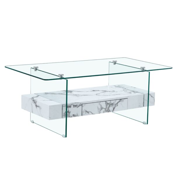 Modern 2 Tier Coffee Table With Clear Tempered Glass And Marble Texture Multifunctional Storage Design - Transparent / White