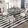 5 Piece Retro Round Dining Table Set With Curved Trestle Style Table Legs And 4 Upholstered Chairs For Dining Room - Dark Gray - Image 4