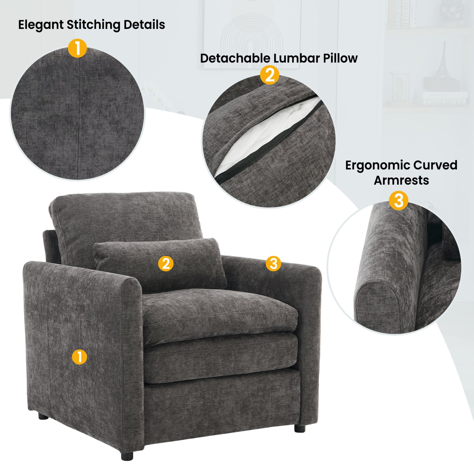 Cozy Upholstered Armchair Oversized Comfy Cloud Sofa Double Cushion Single Sofa Plush Cushion Armchair For Living Room - Gray - Image 6