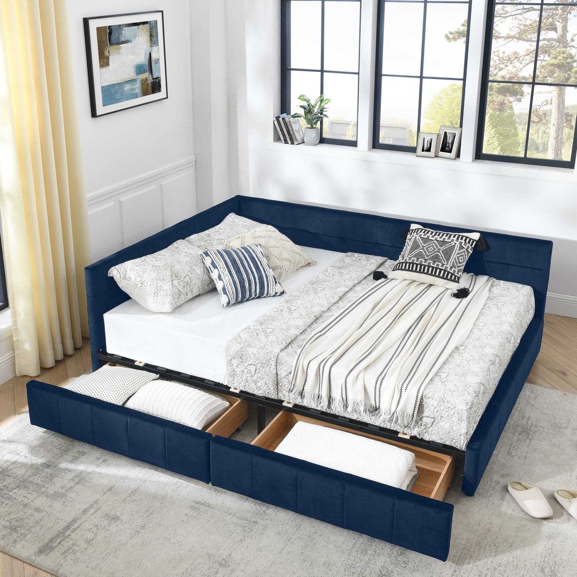 Queen Size Storage Upholstered Tufted Bed Frame, Comfortable Sofa Bed With Backrest And Armrests - Dark Blue - Image 2