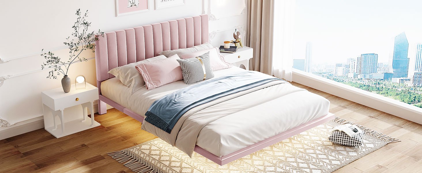 Queen Size Upholstered Bed With Sensor Light And Headboard, Floating Platform Bed - Pink - Image 13