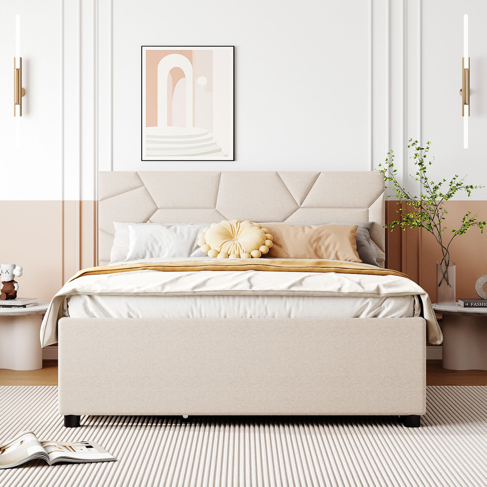 Full Size Upholstered Platform Bed With Brick Pattern Headboard, With Twin Size Trundle And 2 Drawers - Beige - Image 2