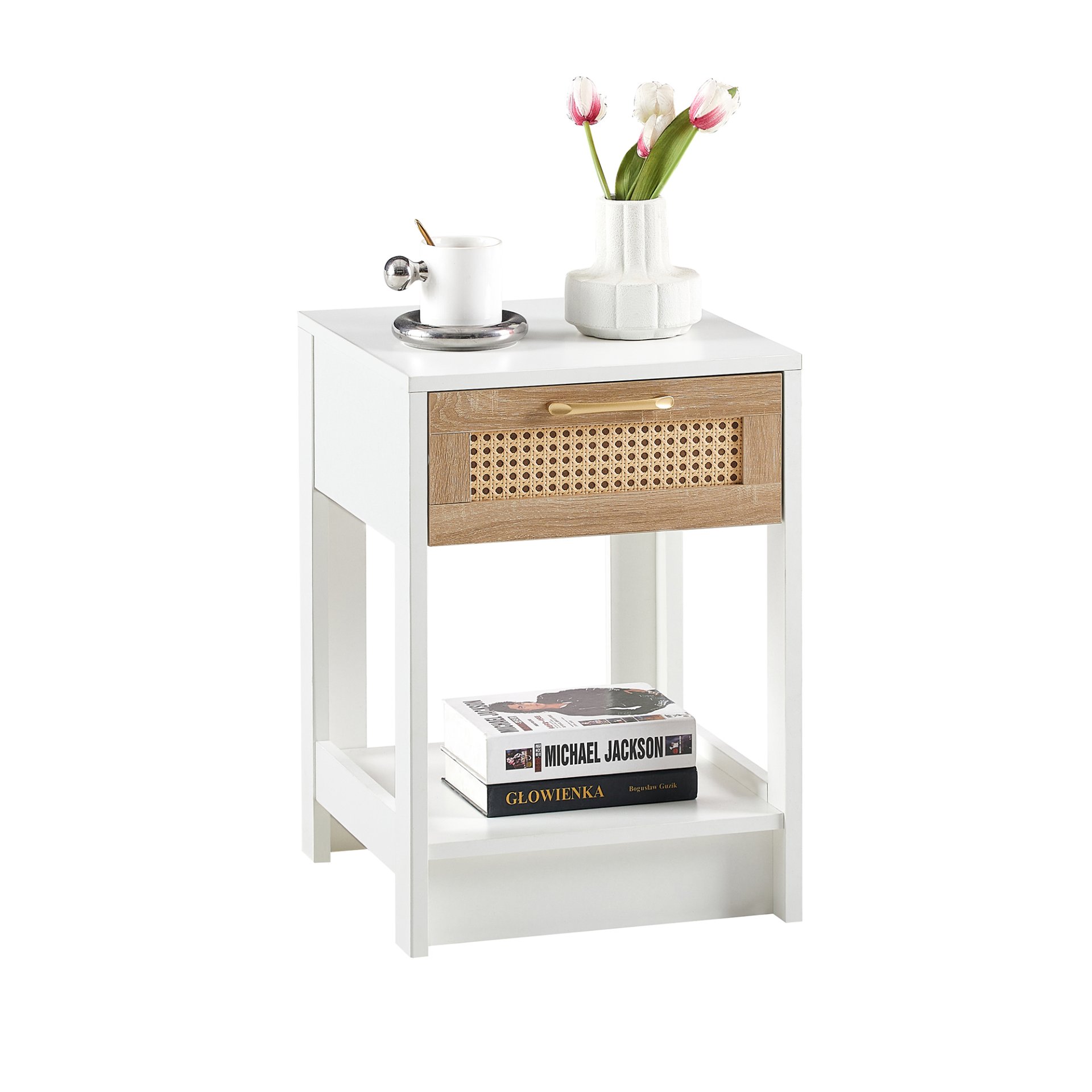 15.75" Rattan End Table With Drawer, Modern Nightstand, Side Table For Living Room, Bedroom - White - Image 6