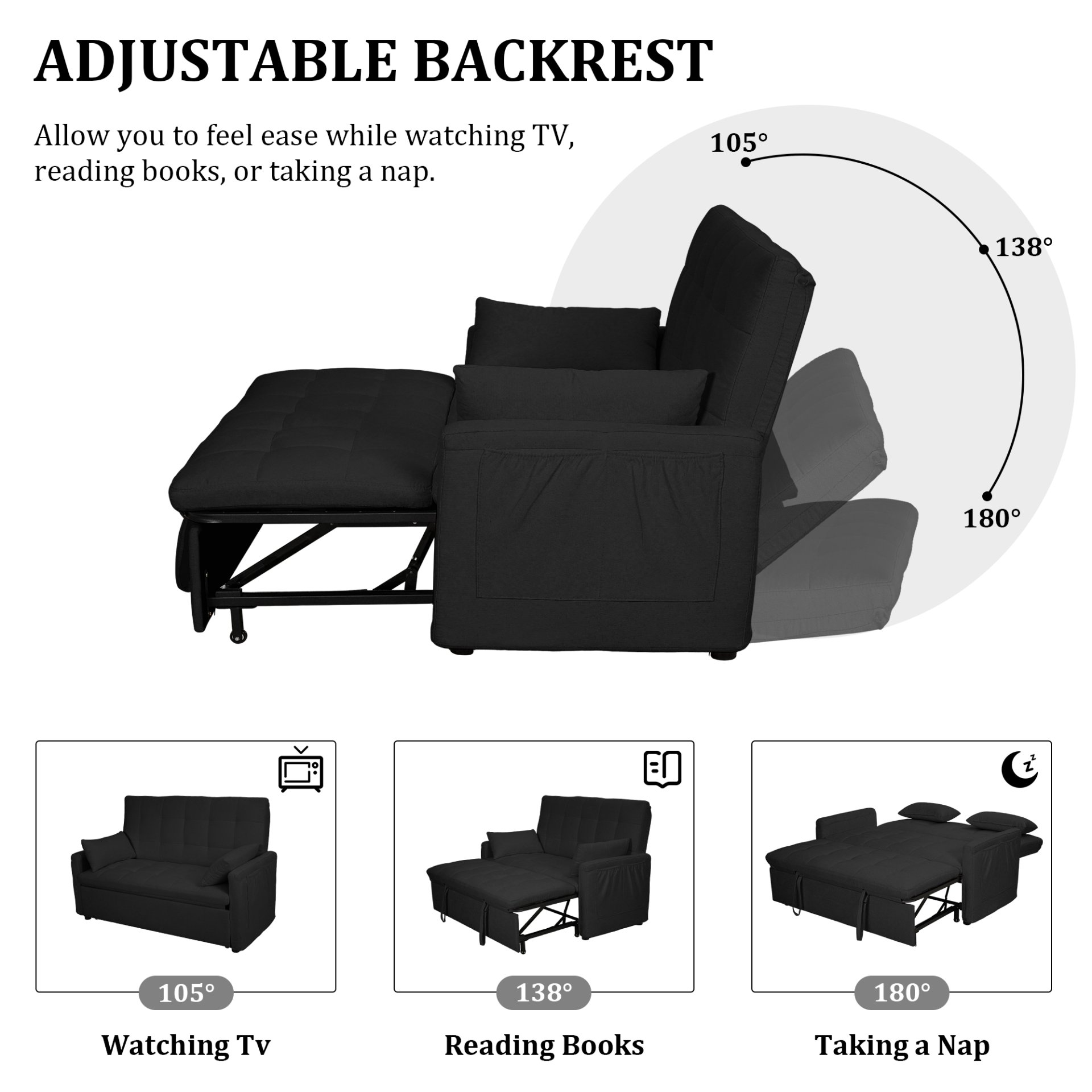 Balus - 2 In 1 Convertible Sofa Bed With Storage And Adjustable Backrest - Black - Image 8