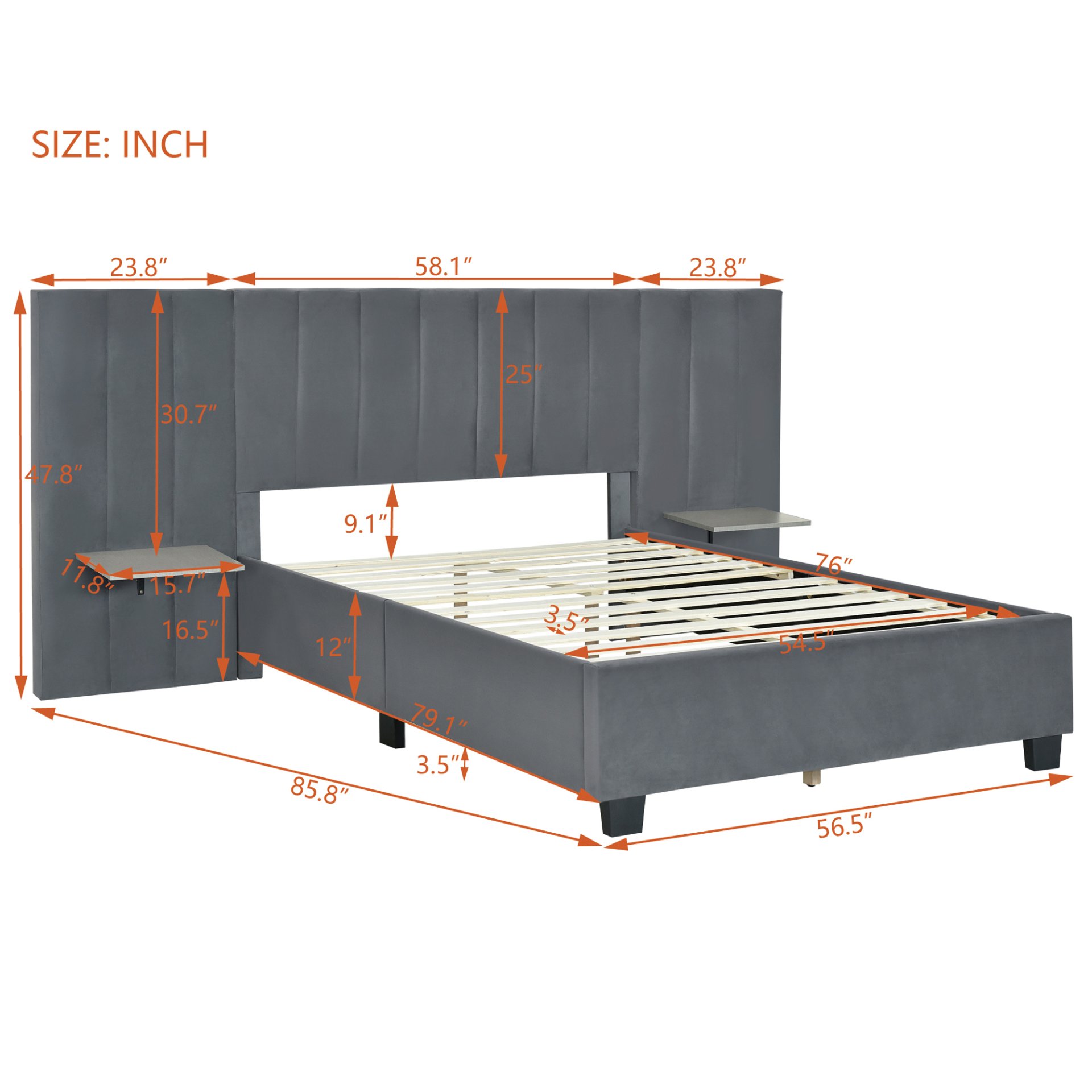 Full Size Upholstered Platform Bed With Big Headboard - Gray - Image 7