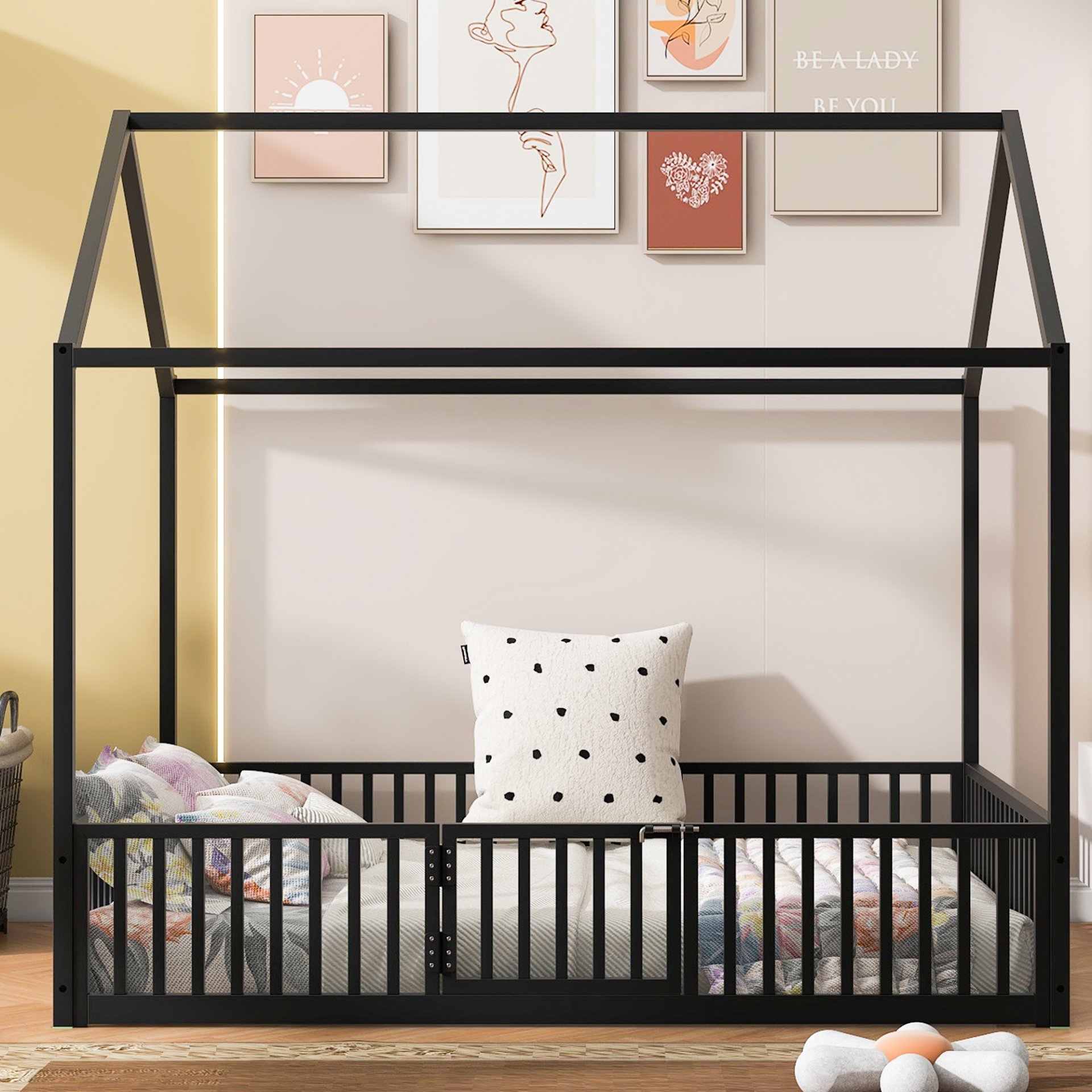 Full Size Metal House Bed With Fence And Door - Black - Image 4