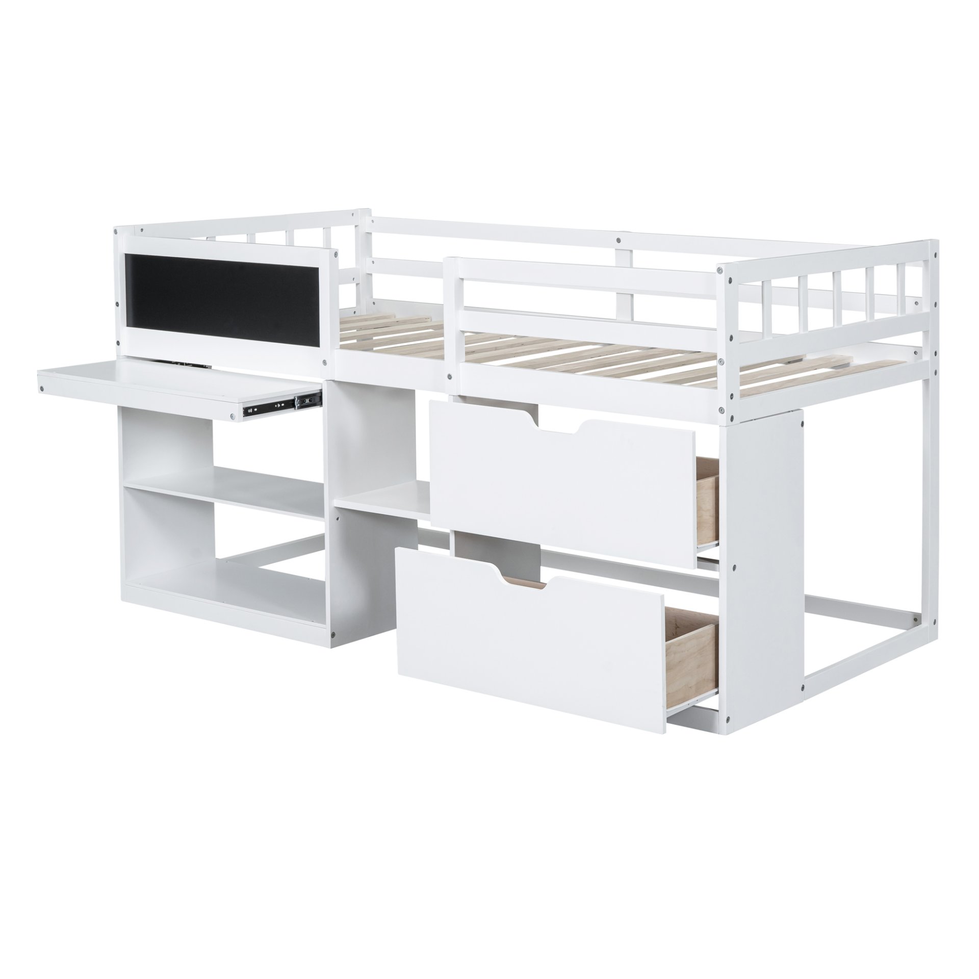 Twin Size Low Loft Bed With Rolling Desk, Shelf And Drawers - White - Image 6