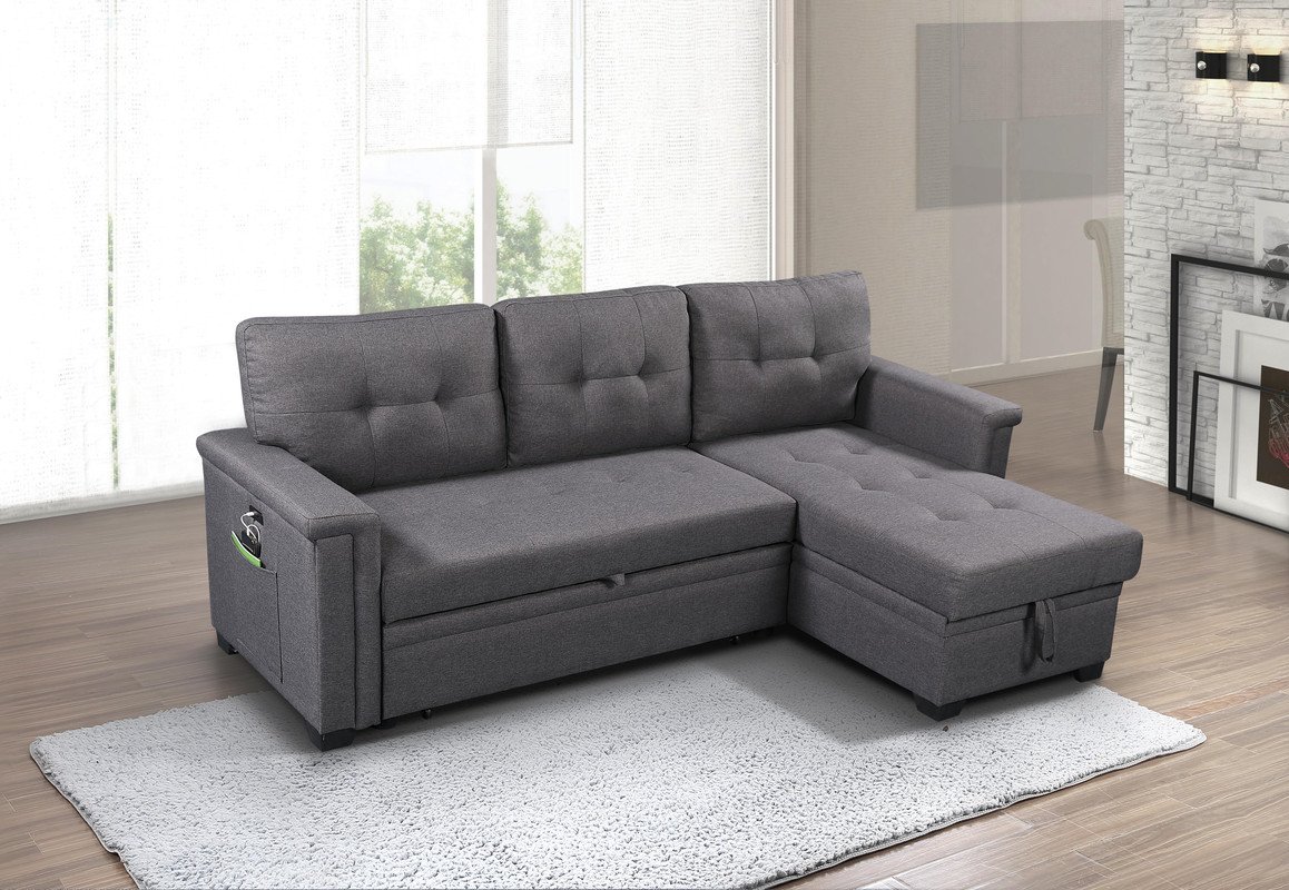 Ashlyn - Reversible Sleeper Sectional Sofa With Storage Chaise, USB Charging Ports nd Pocket - Dark Gray - Image 2