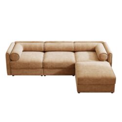 Elegant Chenille Sofa With Storage Seat And Ottoman L Shaped 3 Seater With Cylindrical Backrest And Armrests - Camel