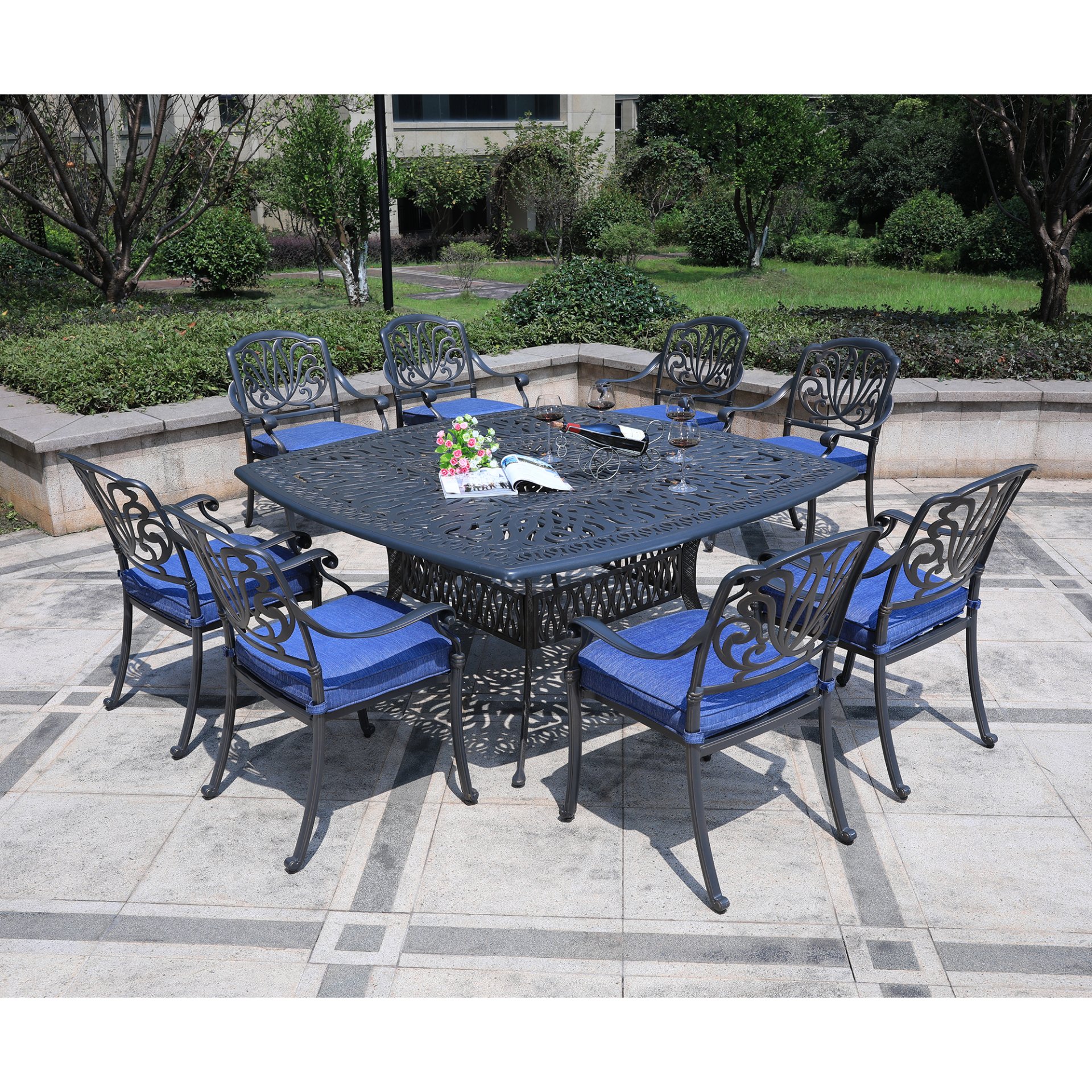 Square 8 Person 64" Long Aluminum Dining Set With Cushions - Gray / Navy - Image 4