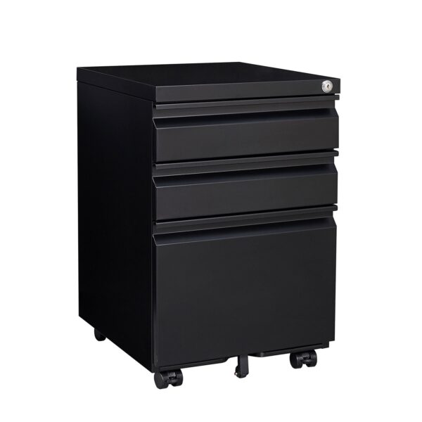Contemporary 3 Drawer Mobile Filing Cabinet With Lock, Metal Office Storage For Legal / Letter Size - Black