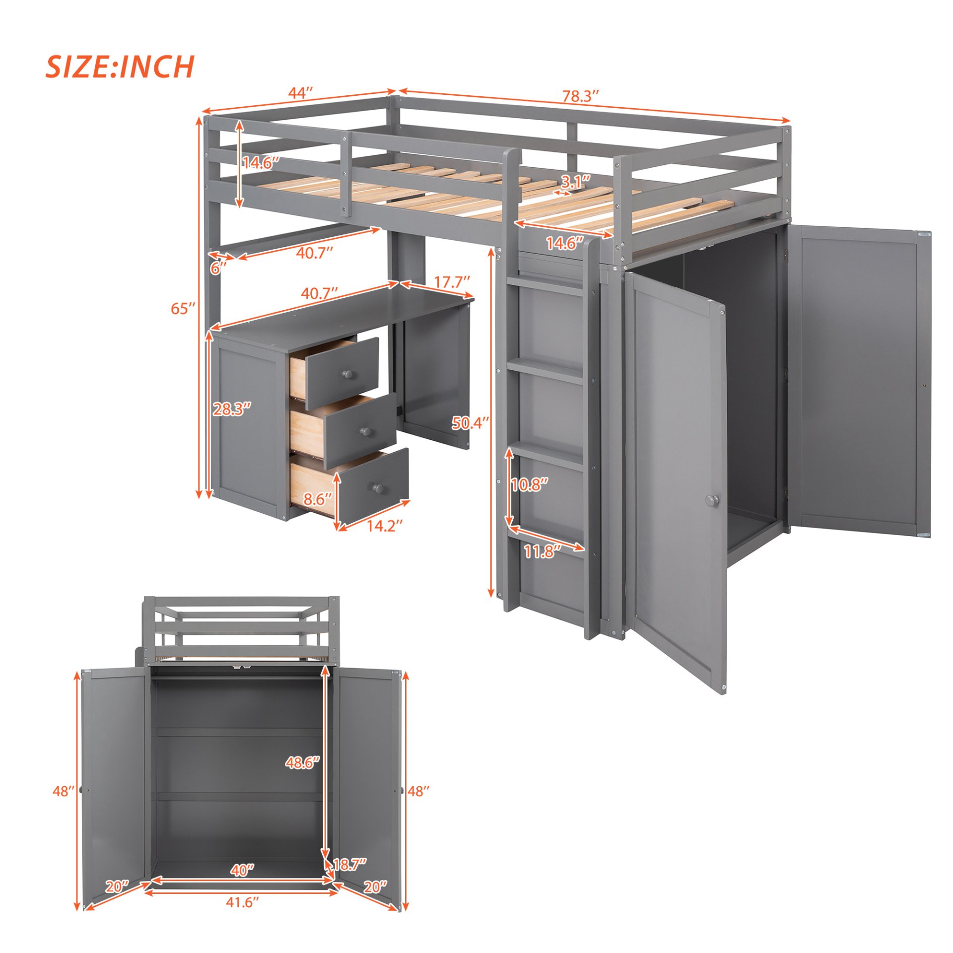 Twin Size Loft Bed With Drawers, Desk, And Wardrobe - Gray - Image 13