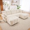 Elegant Textured 3 Seater Sofa Set With Ottoman And Throw Pillows - White - Image 12