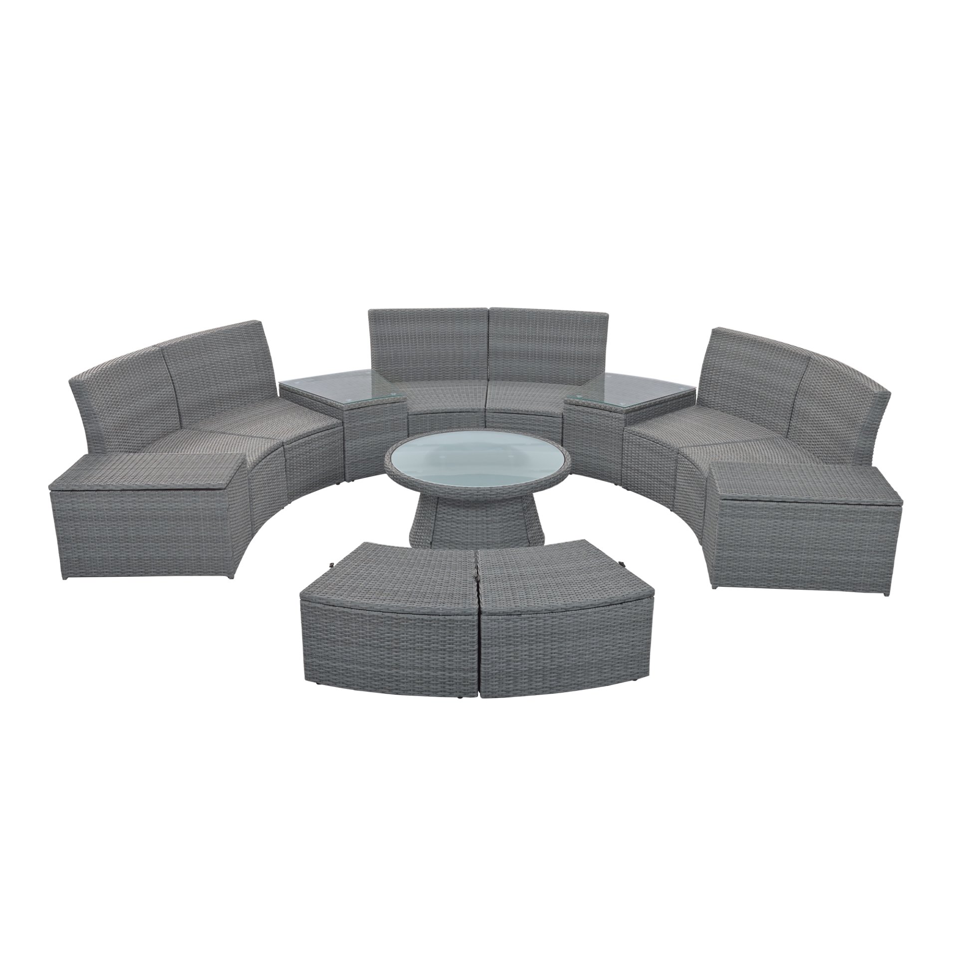 10 Piece Outdoor Sectional Half Round Patio Rattan Sofa Set, Wicker Conversation Furniture Set For Free Combination - Light Gray - Image 13